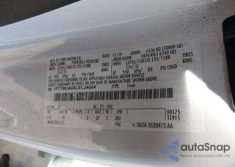 2020 Ford F-250 Xl z USA, uszkodzony, nr VIN 1FT7W2A68LEC24684